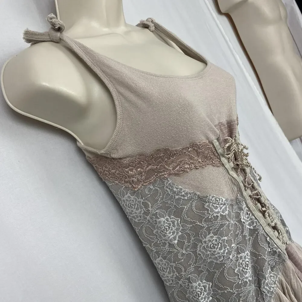 Free People Lace Corset Tank Top Medium Beige Blush Ruffle Fairy Grunge Ren Fair